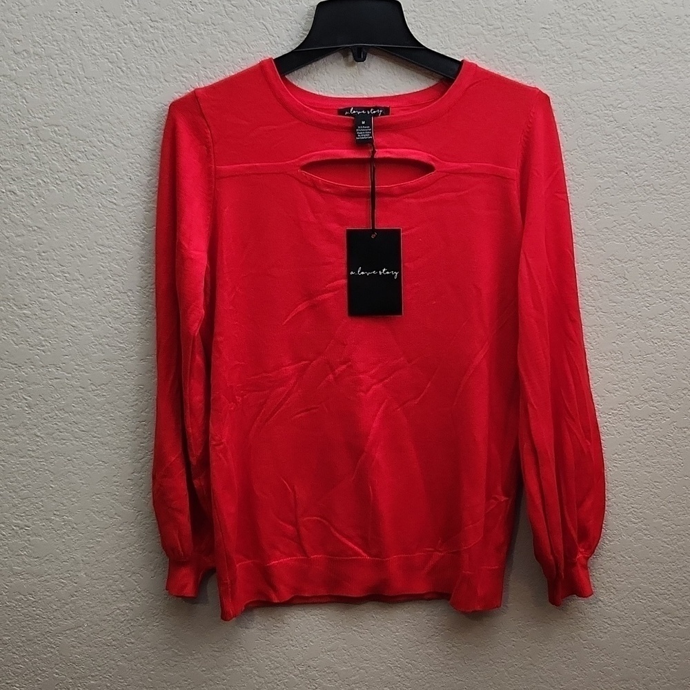 A Love Story Sweater Womens Size M Red Ballon Sleeves Cutout Pullover New